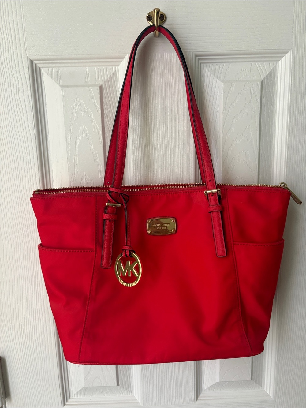 Michael Kors Bright Red Tote with Gold MK Charm